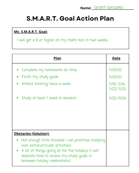 SMART goal action plan for younger students