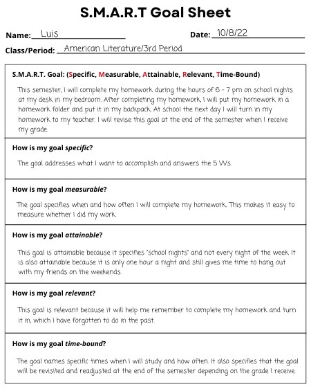 sample S.M.A.R.T. goals sheet