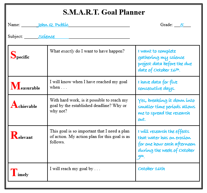 SMART goal planner for 5th grade