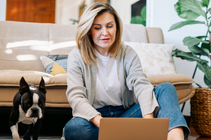 Woman working from home with a boston terrier dog. Freelancer businesswoman using laptop at sunny room. Student learning and working at home.